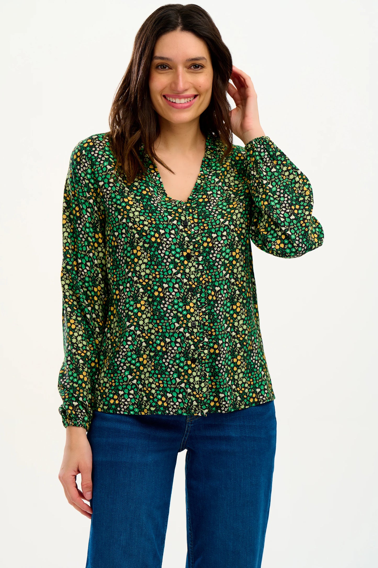 Sugarhill Blouse Womens Blouse Sugarhill Brighton Alicia Frill Edge Blouse Black/Green Ditsy Floral