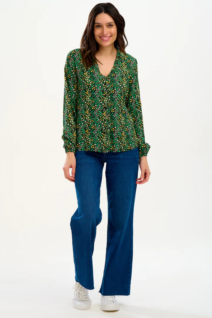Sugarhill Brighton Alicia Frill Edge Blouse Black/Green Ditsy Floral