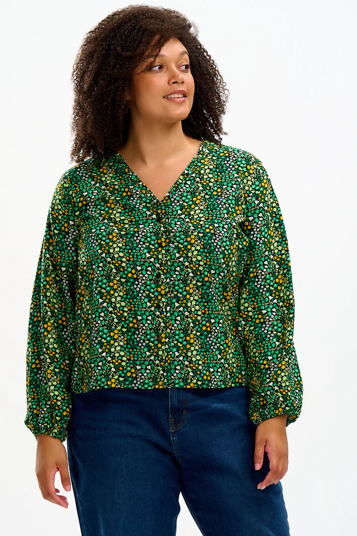 Sugarhill Brighton Alicia Frill Edge Blouse Black/Green Ditsy Floral