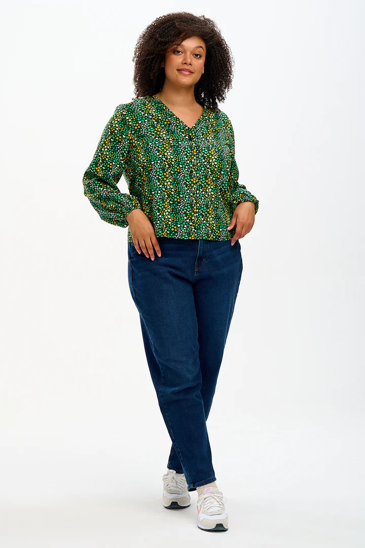 Sugarhill Brighton Alicia Frill Edge Blouse Black/Green Ditsy Floral