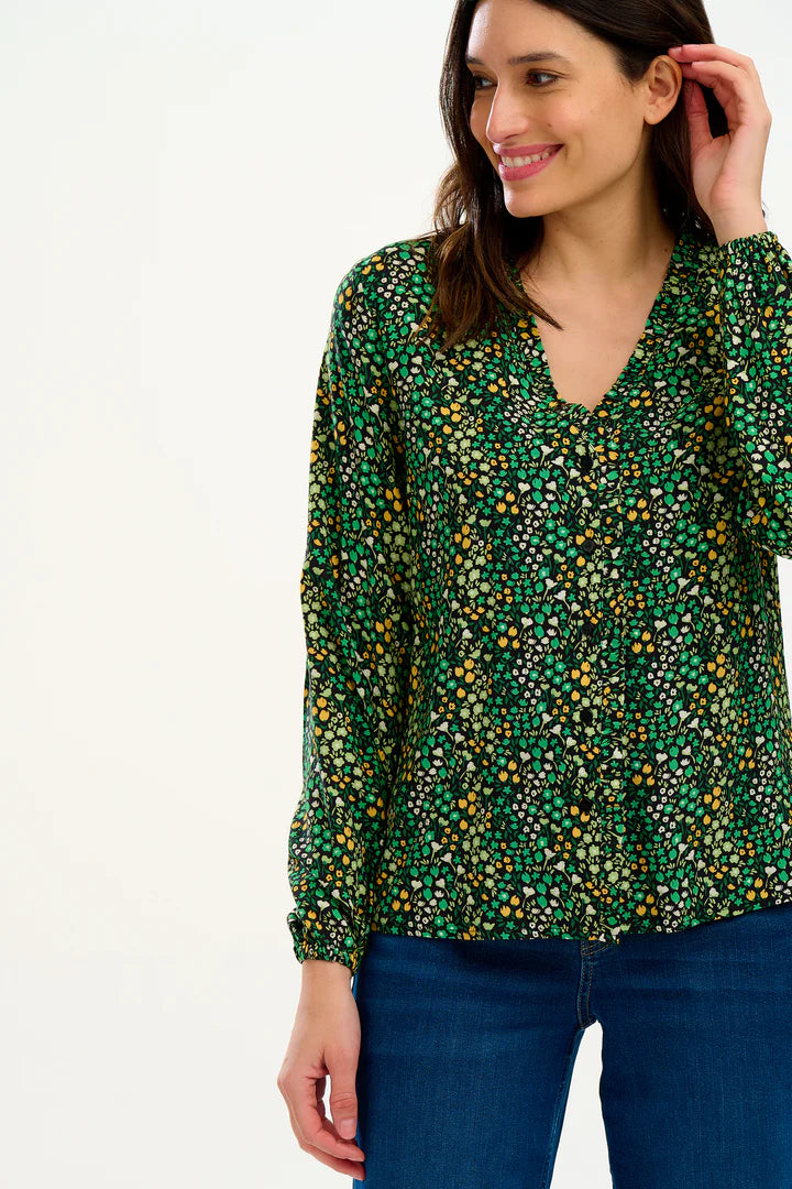 Sugarhill Brighton Alicia Frill Edge Blouse Black/Green Ditsy Floral