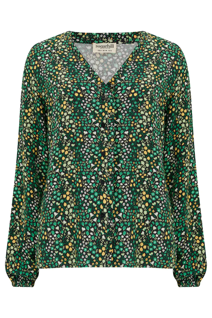Sugarhill Brighton Alicia Frill Edge Blouse Black/Green Ditsy Floral