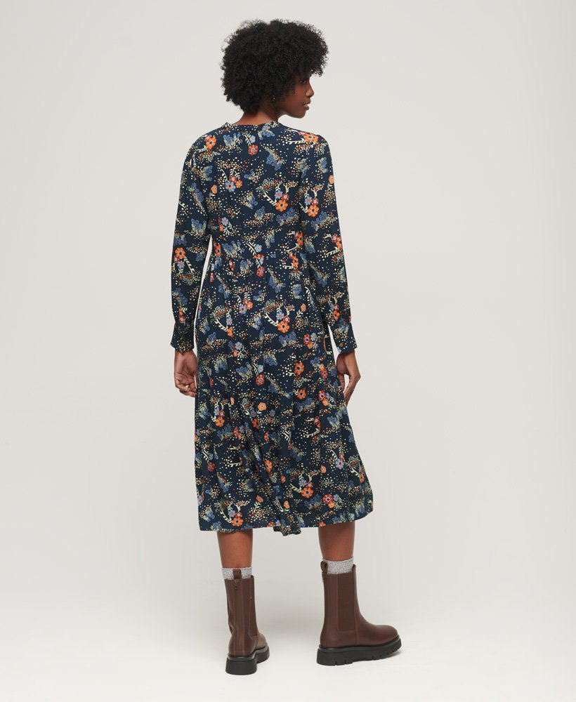 Superdry Long Sleeve Tiered Midi Dress Blue Alma Floral Mix