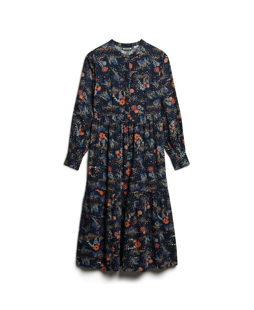Superdry Long Sleeve Tiered Midi Dress Blue Alma Floral Mix