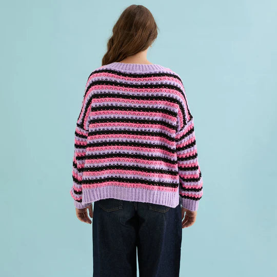 Cara & The Sky Bernice Stripe Cross Stitch Cardigan Lilac