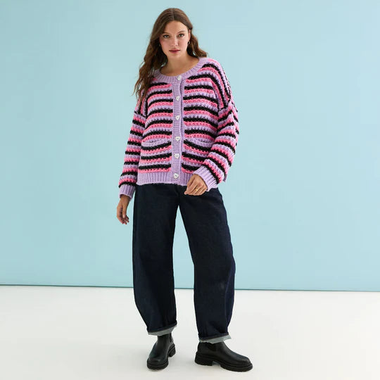 Cara & The Sky Bernice Stripe Cross Stitch Cardigan Lilac