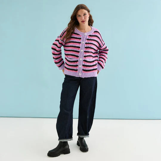 Cara & The Sky Bernice Stripe Cross Stitch Cardigan Lilac