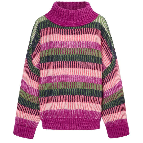 Cara & The Sky Tasha Oversized Balloon Sleeve Stripe Roll Neck Jumper Purple