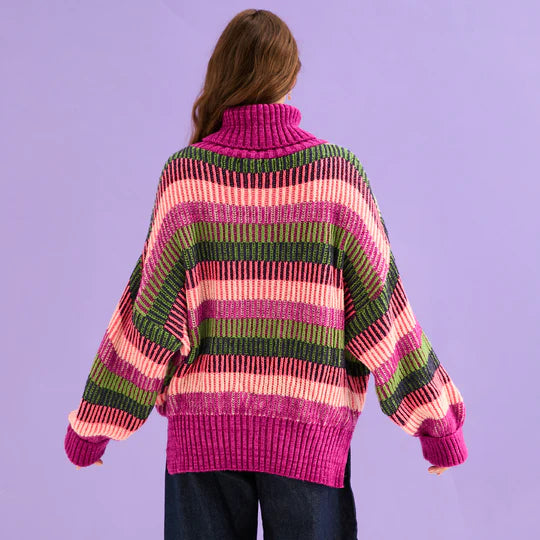 Cara & The Sky Tasha Oversized Balloon Sleeve Stripe Roll Neck Jumper Purple