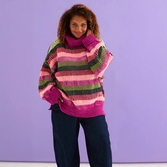 Cara & The Sky Tasha Oversized Balloon Sleeve Stripe Roll Neck Jumper Purple