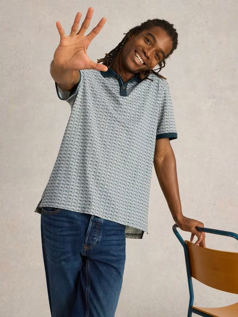 White Stuff Cassette Tape Printed Polo Teal Print