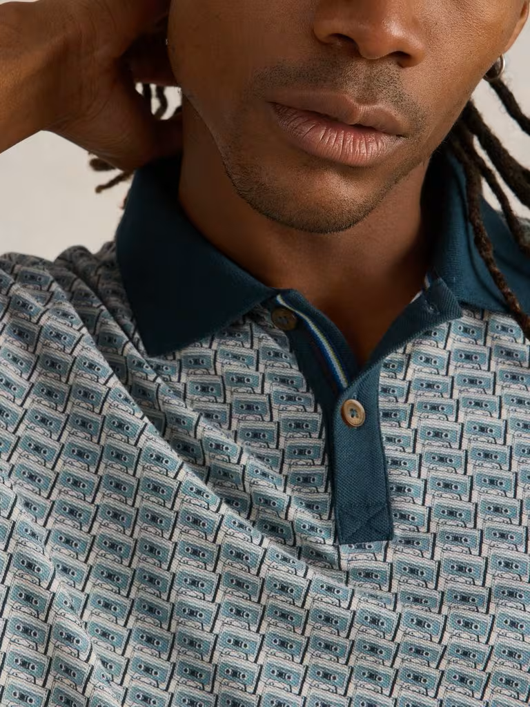 White Stuff Cassette Tape Printed Polo Teal Print