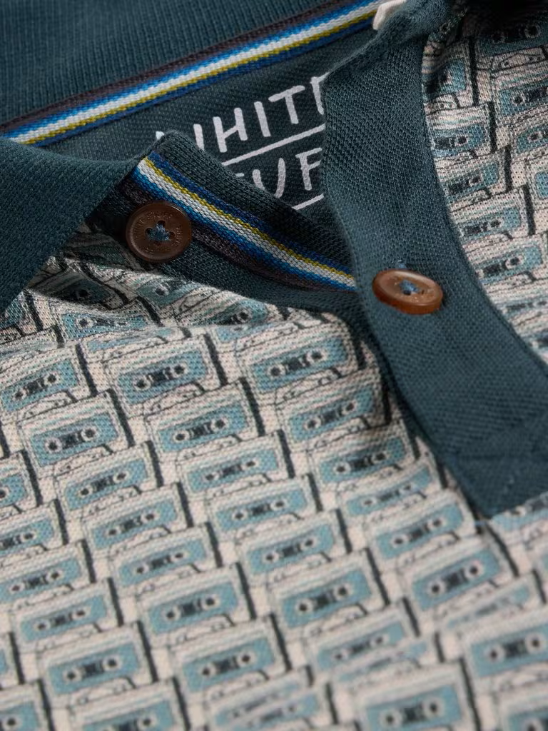White Stuff Cassette Tape Printed Polo Teal Print