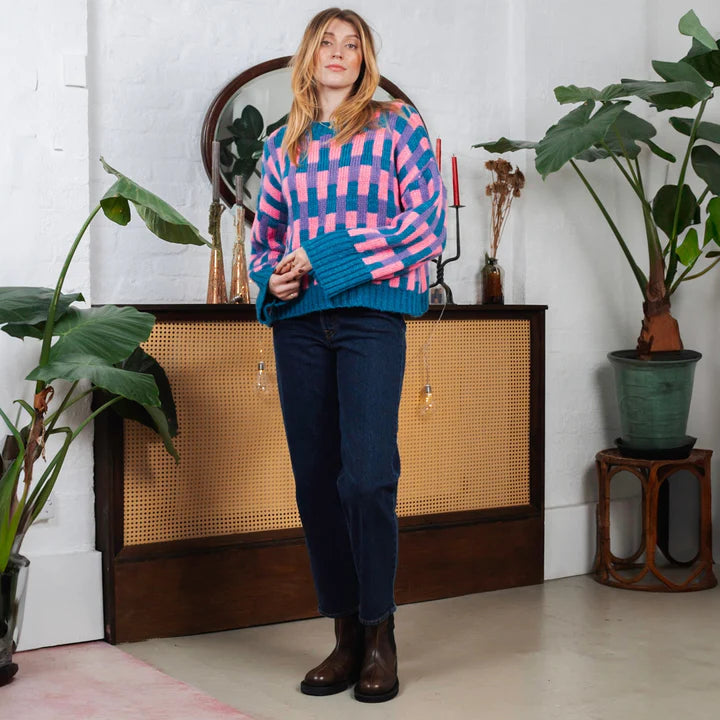 Cara & The Sky Charlotte Geometric Pattern Wide Sleeve Knit Jumper Teal