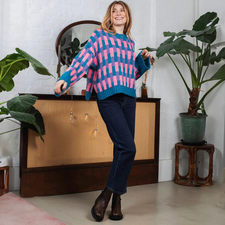 Cara & The Sky Charlotte Geometric Pattern Wide Sleeve Knit Jumper Teal