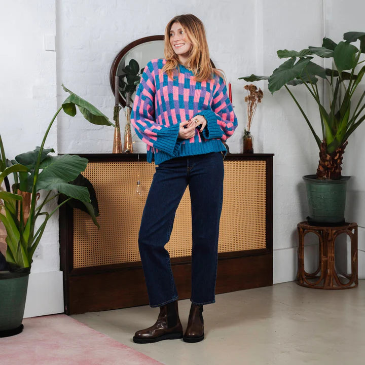 Cara & The Sky Charlotte Geometric Pattern Wide Sleeve Knit Jumper Teal