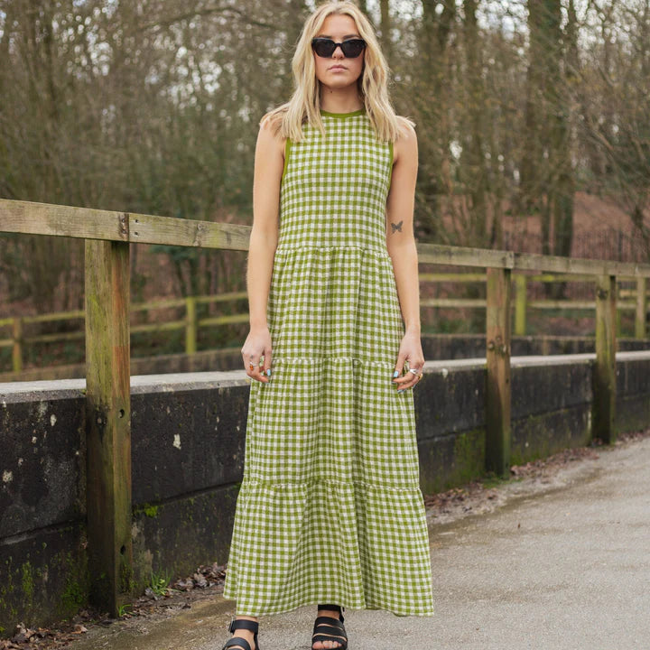 Cara & The Sky Paula Gingham Cotton Knitted Midi Dress Green