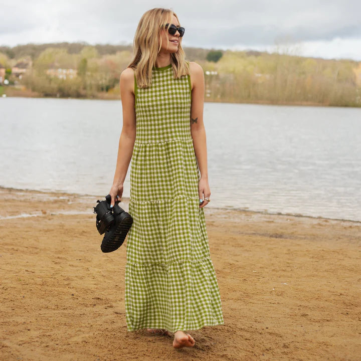 Cara The Sky Paula Gingham Cotton Knitted Midi Dress Green