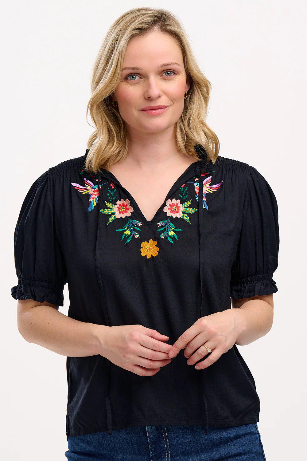 Sugarhill Brighton Angelique Shirred Top Black Tropical Hummingbird
