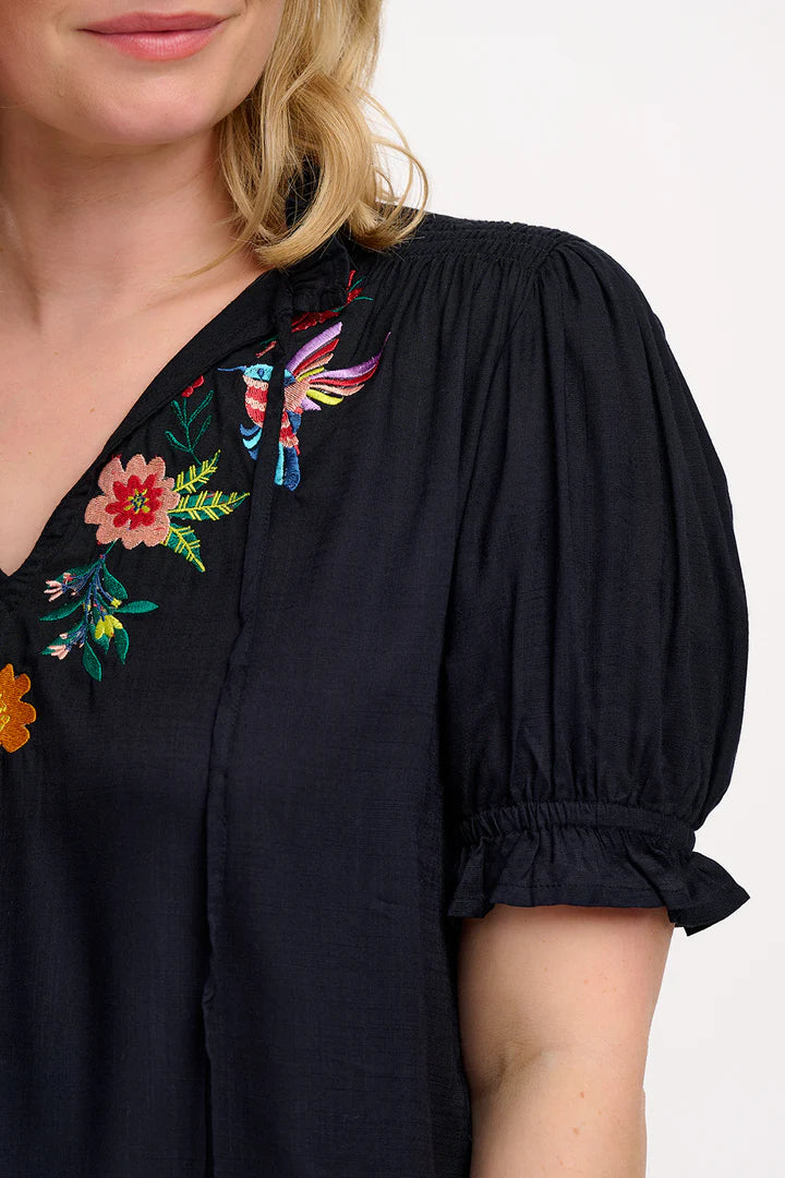 Sugarhill Brighton Angelique Shirred Top Black Tropical Hummingbird
