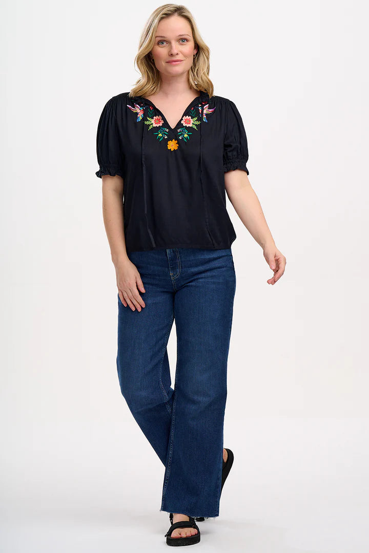 Sugarhill Brighton Angelique Shirred Top Black Tropical Hummingbird