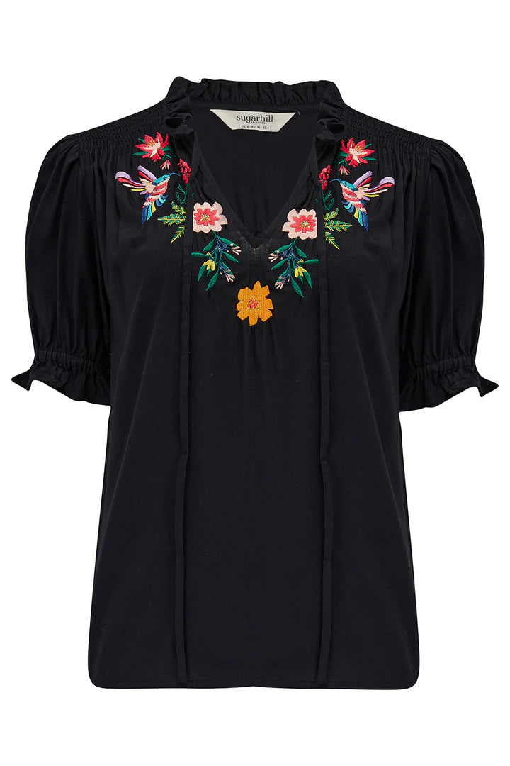Sugarhill Brighton Angelique Shirred Top Black Tropical Hummingbird