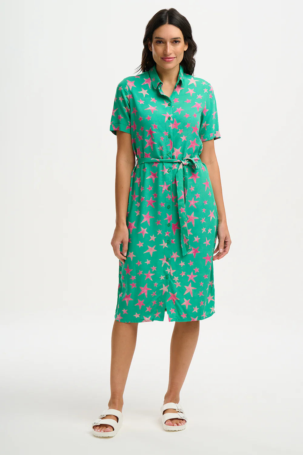 Sugarhill Brighton Janice Batik Midi Shirt Dress Green Supernova Stars