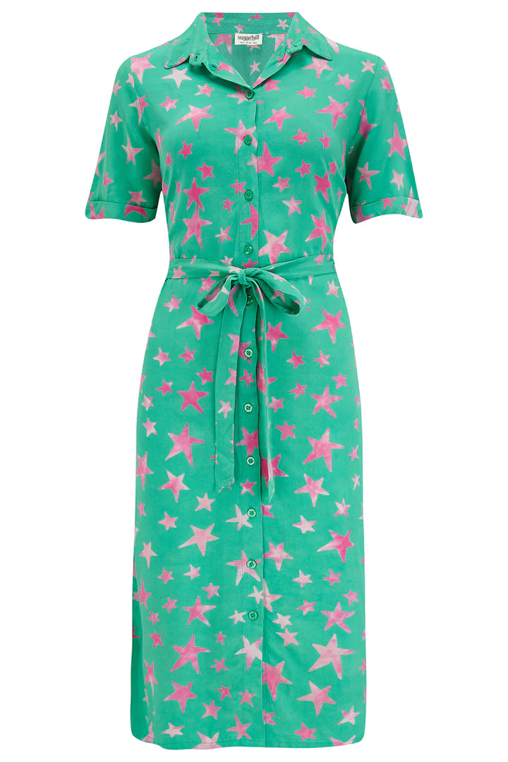 Sugarhill Brighton Janice Batik Midi Shirt Dress Green Supernova Stars
