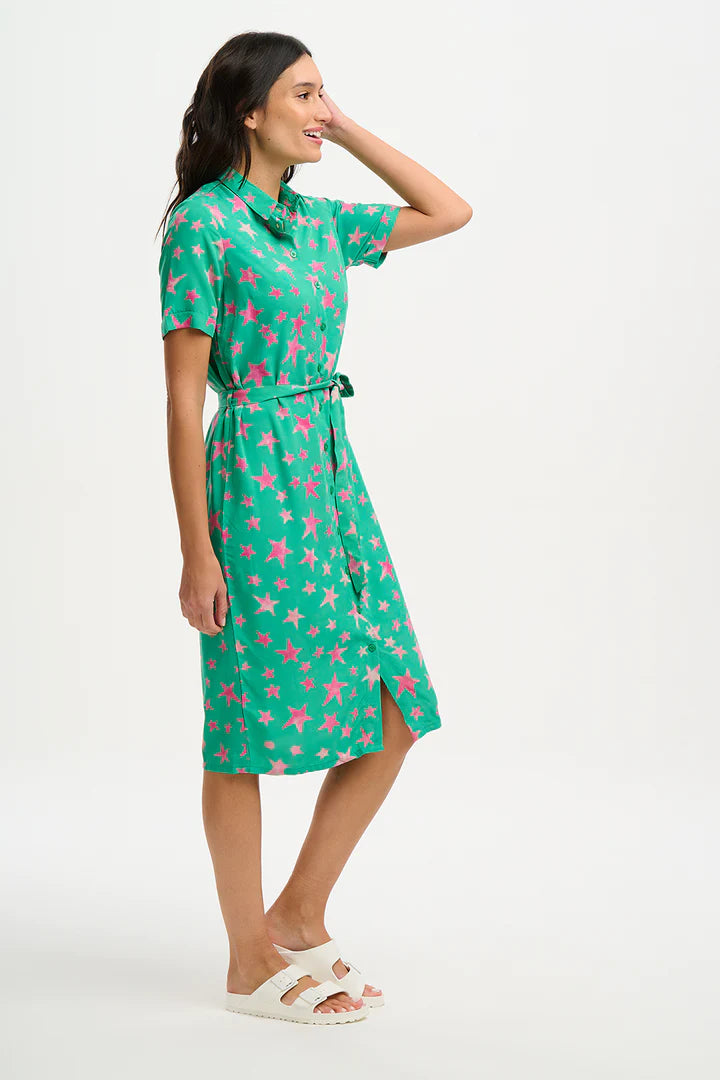 Sugarhill Brighton Janice Batik Midi Shirt Dress Green Supernova Stars