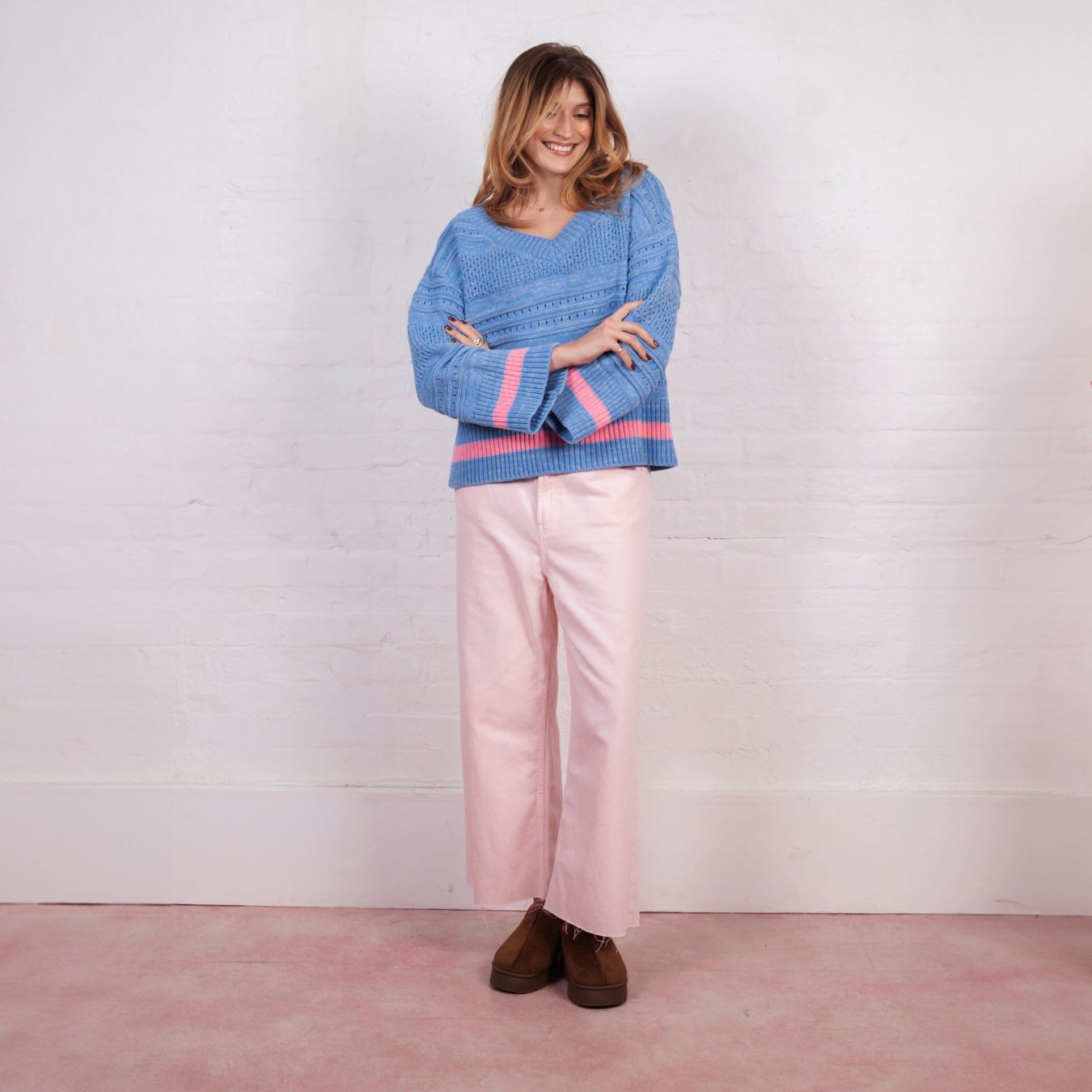 Cara & The Sky Judith Pointelle Stitch V Neck Jumper Blue