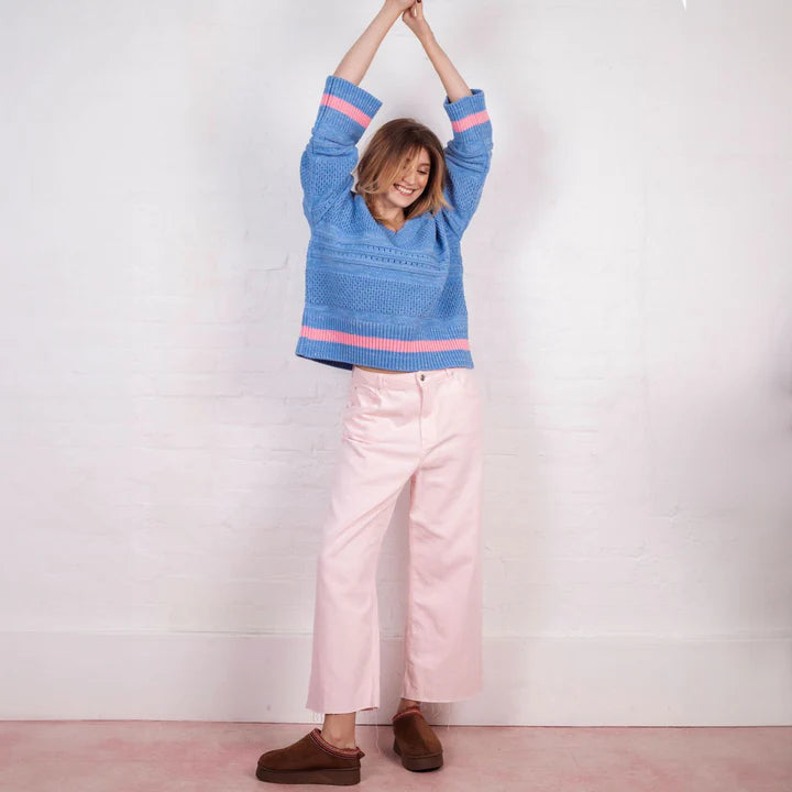 Cara & The Sky Judith Pointelle Stitch V Neck Jumper Blue