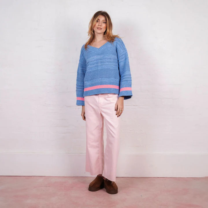 Cara & The Sky Judith Pointelle Stitch V Neck Jumper Blue