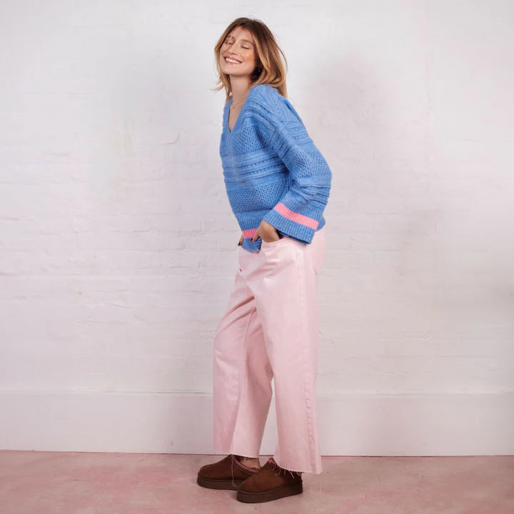 Cara & The Sky Judith Pointelle Stitch V Neck Jumper Blue