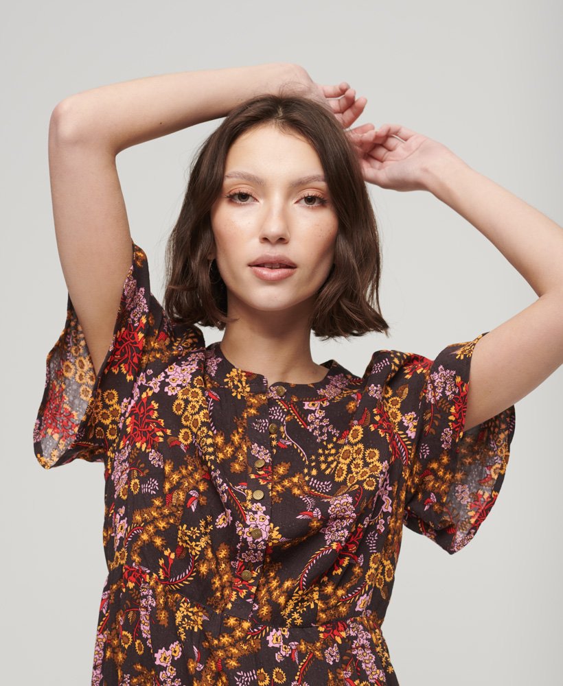 Superdry Printed Tiered Midi Dress Black Juju Floral Print