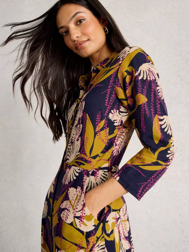 White Stuff Rua Jersey Collared Shirt Dress Navy Multi | A Brilliant  Disguise