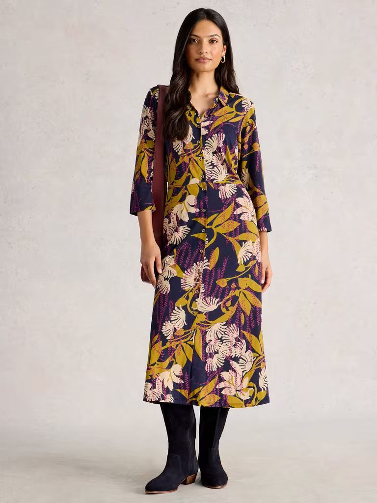 White Stuff Rua Jersey Collared Shirt Dress Navy Multi