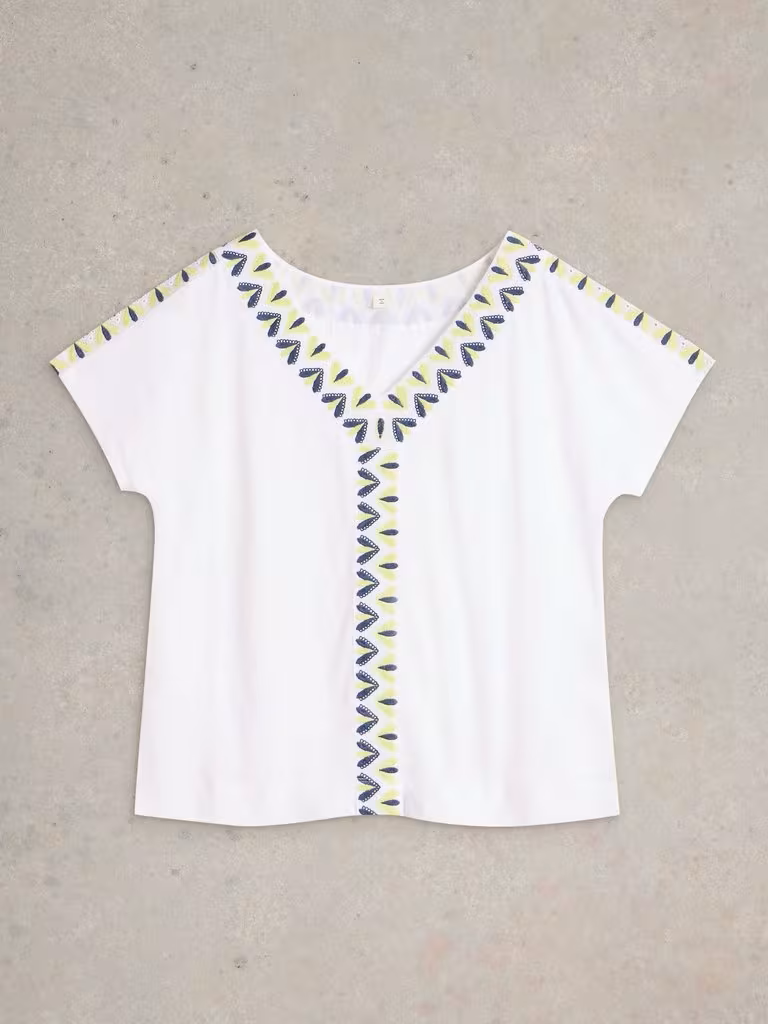 White Stuff Neva Embroidered V Neck Top White