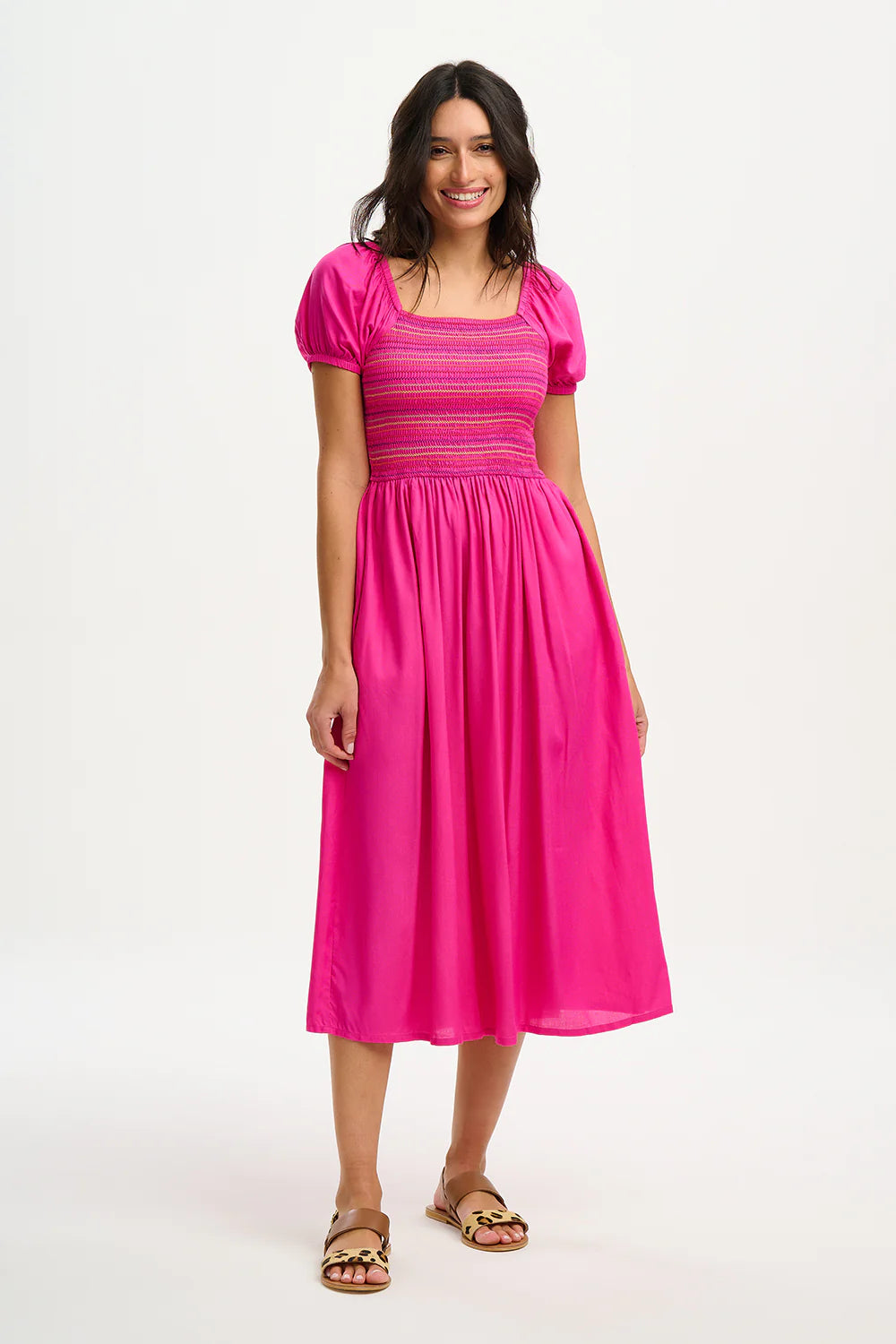 Sugarhill Brighton Octavia Midi Shirred Dress Dark Pink Rainbow Shirring Sugarhill Clothing Jersey Dress