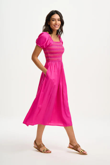 Sugarhill Brighton Octavia Midi Shirred Dress Dark Pink Rainbow Shirring