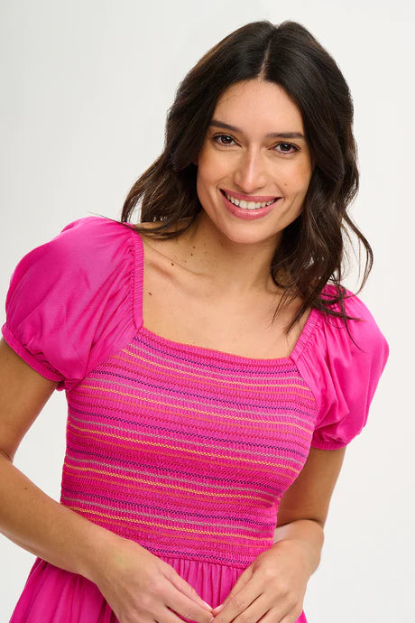 Sugarhill Brighton Octavia Midi Shirred Dress Dark Pink Rainbow Shirring