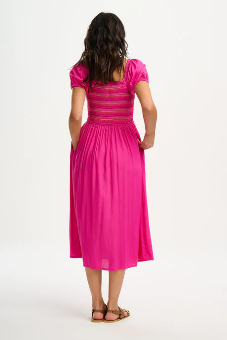 Sugarhill Brighton Octavia Midi Shirred Dress Dark Pink Rainbow Shirring