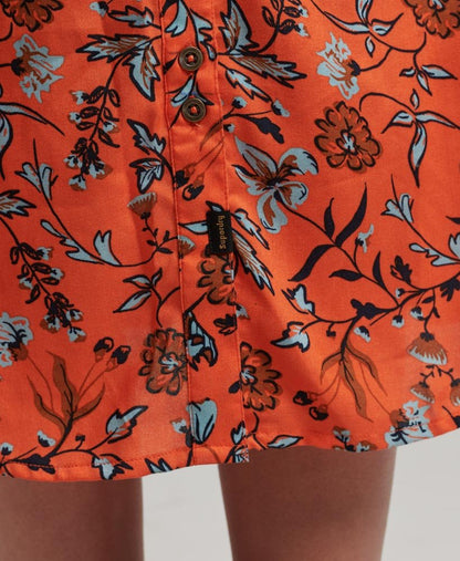 Superdry Printed V-Neck Midi Tea Dress Winterbloom Orange