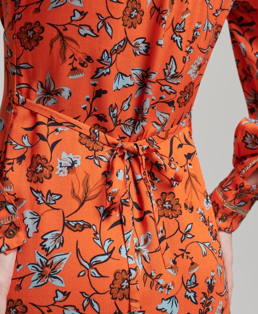 Superdry Printed V-Neck Midi Tea Dress Winterbloom Orange