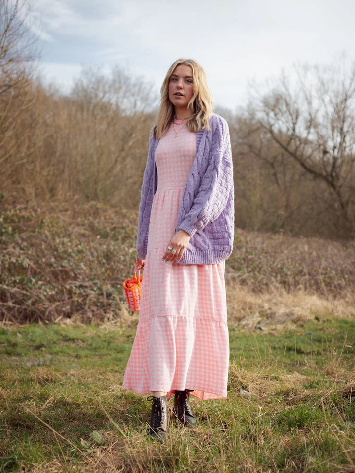 Cara & The Sky Paula Gingham Cotton Knitted Midi Dress Soft Pink