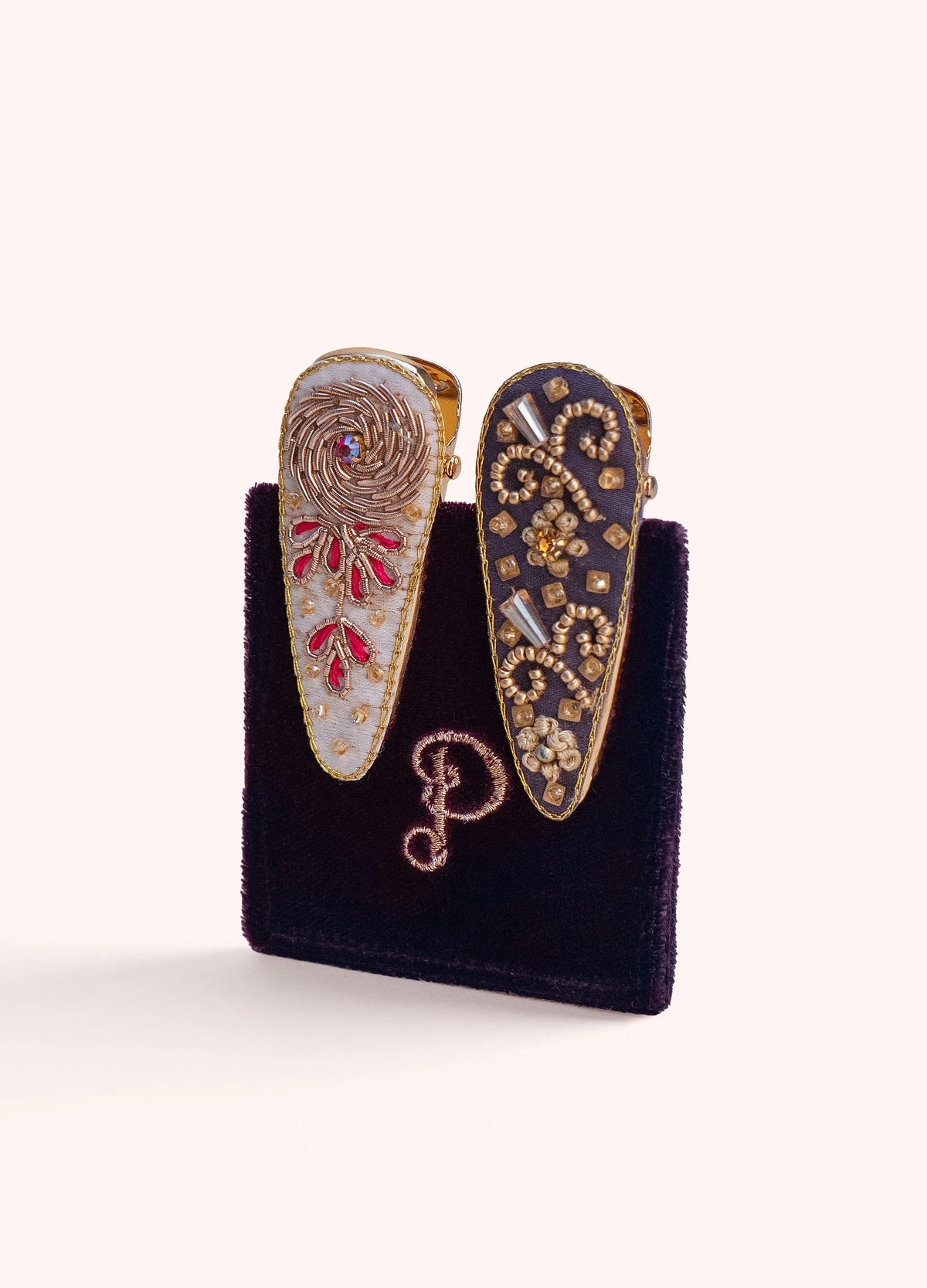 Powder Pk2 Hairclips Pink Chrysant & Gold Bows Navy