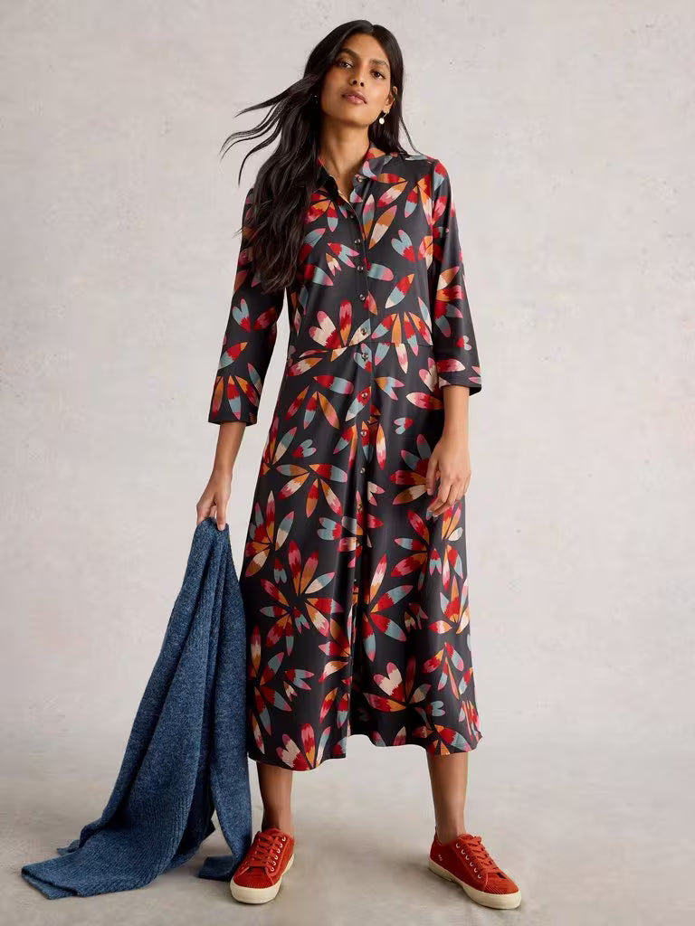 White Stuff Rua Jersey Collared Shirt Dress Grey Multi