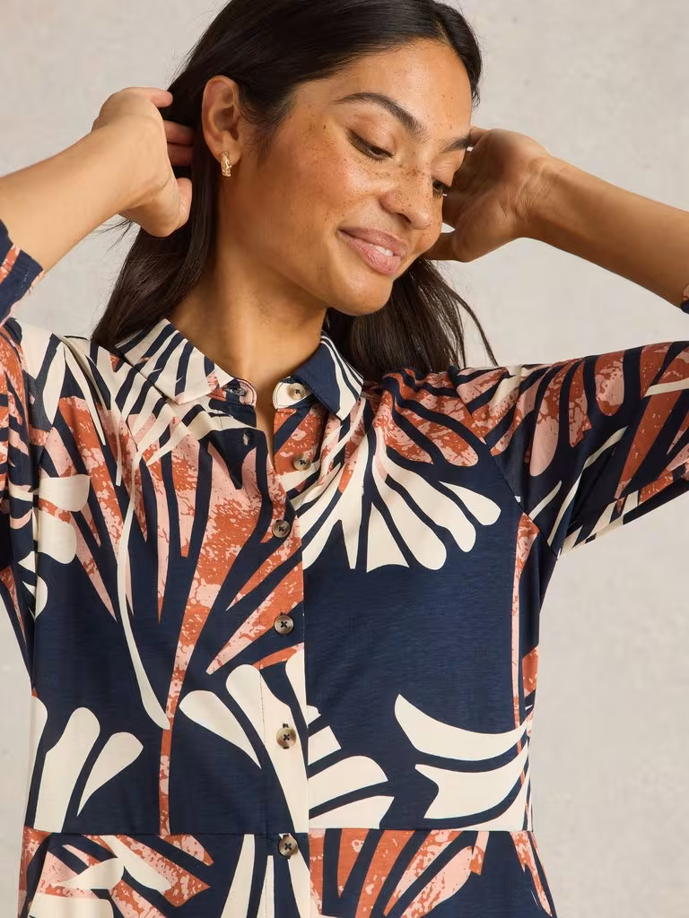 White Stuff Rua Midi Jersey Shirt Dress Navy Multi
