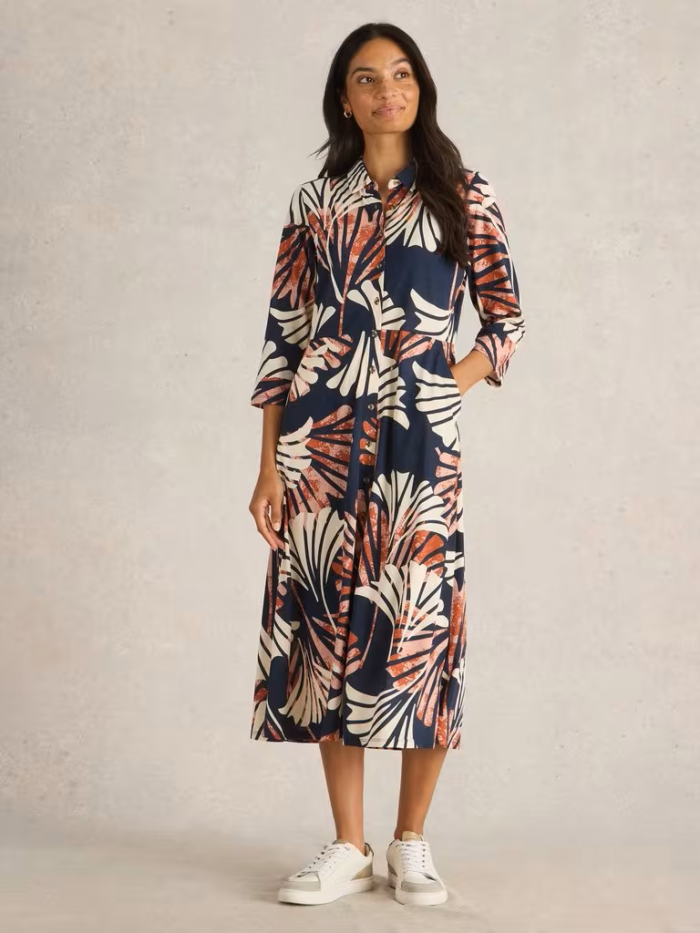 White Stuff Rua Midi Jersey Shirt Dress Navy Multi