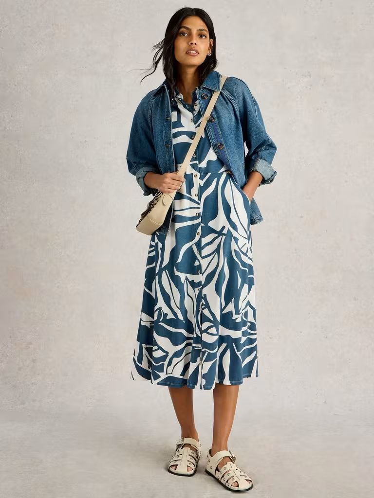 White Stuff Rua Midi Jersey Shirt Dress Navy Print White Stuff Clothing Womens Dress