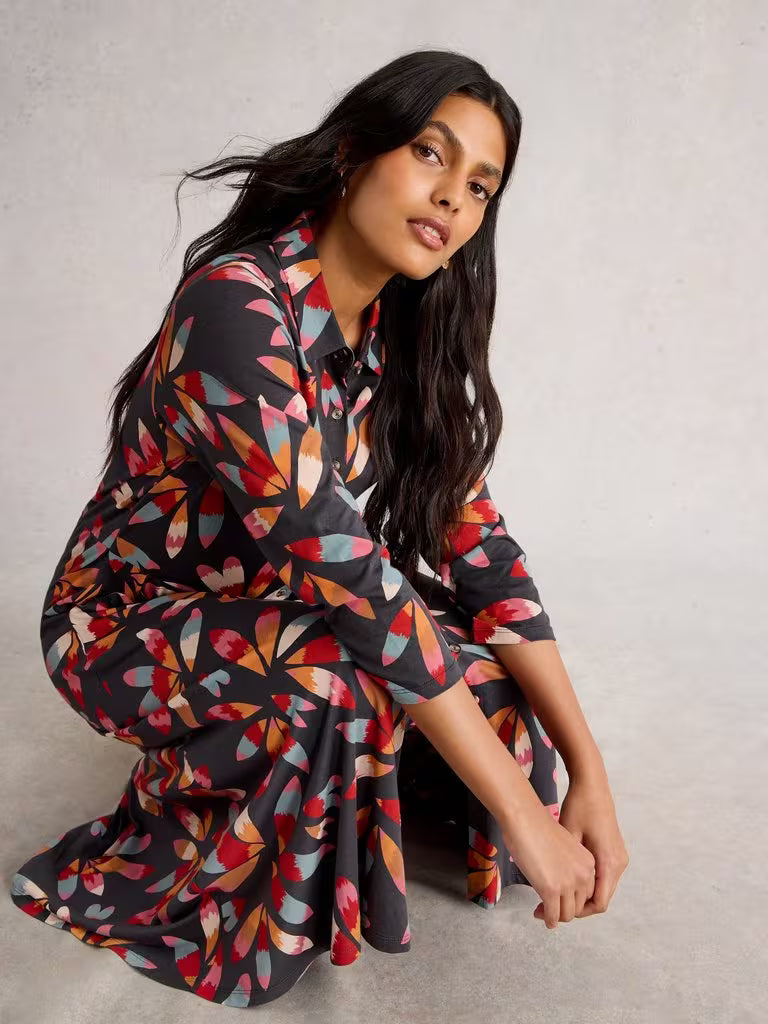 White Stuff Rua Jersey Collared Shirt Dress Grey Multi